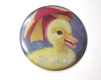 Duckling Pocket mirror - Small, round, handbag mirror, printed with an illustration of a baby duck and umbrella by Kes Samuelson
