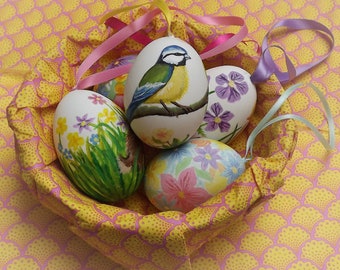 Bespoke Easter Egg: Handpainted egg ornament; miniature paintings of Spring flowers, Chicks, Bluetits & Rabbits on real eggshells