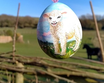 Lamb Easter Egg - A Spring Lamb, in a meadow of wild flowers, painted on a real eggshell.