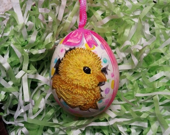 Easter Egg with a chick hatching out of it! An original painting of a fluffy yellow chick, on the shell from a real hen's egg