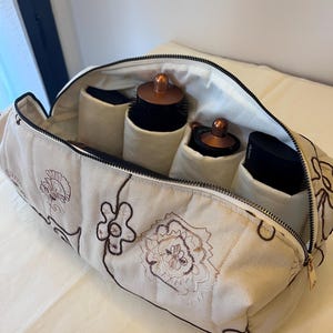 Può includere: Una borsa da viaggio trapuntata beige con ricami floreali marroni e chiusura a zip nera. L'interno presenta diversi scomparti in tessuto color crema contenenti vari strumenti per lo styling dei capelli con cime color rame e manici neri.