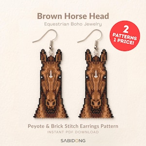 Brown Horse Head Beaded Earrings Pattern | Peyote & Brick Stitch | Animal Jewelry | Western Boho Seed Bead | Miyuki Delica 11/0 | PDF