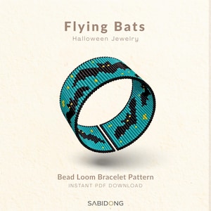 May include: A bead loom bracelet pattern featuring black bats and small yellow stars on a turquoise background. The text reads Flying Bats Halloween Jewelry Bead Loom Bracelet Pattern INSTANT PDF DOWNLOAD SABIDONG.