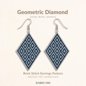May include: A pair of diamond-shaped earrings featuring a blue and white geometric brick stitch pattern with silver-toned hooks. The text reads: Geometric Diamond, Aztec Boho Jewelry, Brick Stitch Earrings Pattern, INSTANT PDF DOWNLOAD, SABIDONG.