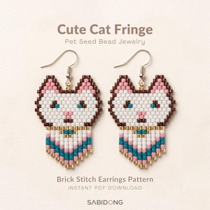 May include: A pair of cat-shaped fringe earrings crafted from seed beads in white, pink, brown, and teal, featuring silver-tone hooks. The text reads: Cute Cat Fringe Pet Seed Bead Jewelry, Brick Stitch Earrings Pattern INSTANT PDF DOWNLOAD, SABIDONG.