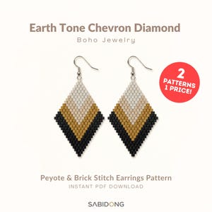 May include: A pair of diamond-shaped earrings featuring a chevron pattern in cream, mustard yellow, and black beads. The text reads Earth Tone Chevron Diamond Boho Jewelry, 2 PATTERNS 1 PRICE!, Peyote & Brick Stitch Earrings Pattern, and SABIDONG.