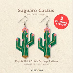Saguaro Cactus Beaded Earrings Pattern, Cowgirl Jewelry, Desert Boho Peyote Brick Stitch, Southwestern Botanical Bead, Miyuki Delica, PDF