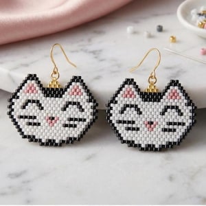 Kawaii Kitty Brick Stitch, wzór na kolczyki z koralików w formacie PDF, wzór na koraliki Miyuki Delica 11/0, prezent DIY dla miłośnika kotów