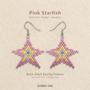 May include: A pair of star-shaped earrings crafted with pink, yellow, and light blue beads in a brick stitch pattern. The earrings feature silver-toned metal hooks. Text on the image reads Pink Starfish Summer Ocean Jewelry Brick Stitch Earring Pattern.