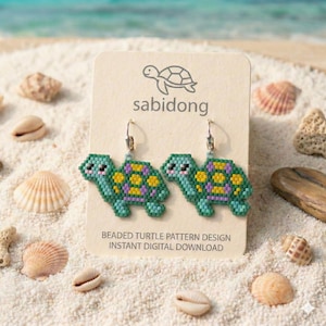 May include: A pair of beaded turtle earrings in shades of green, yellow, and purple, with silver-colored ear wires. The earrings are displayed on a card with the "sabidong" logo and text that reads "Beaded Turtle Pattern Design Instant Digital Download."