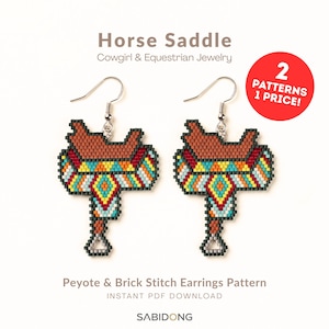 Wzór na kolczyki z koralikami w kształcie siodła końskiego, ścieg peyote brick, biżuteria jeździecka w stylu western rodeo, koraliki nasienne w stylu boho w stylu południowo-zachodnim, Miyuki Delica, PDF