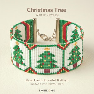 May include: A beaded cuff bracelet featuring a repeating Christmas tree pattern in green, red, white, and gold. The bracelet has metallic gold end bars and a silver-toned chain clasp. Text on the image reads: Christmas Tree Winter Jewelry.