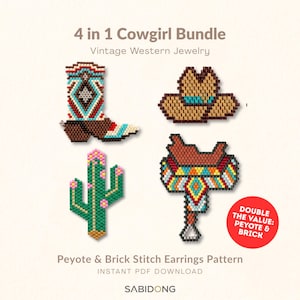 Cowgirl Bundle Beaded Earrings Pattern | Vintage Western Boot Hat Cactus Saddle | Cowboy Rodeo Jewelry | Peyote Brick Stitch | Miyuki Delica