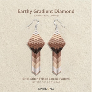 May include: A pair of beaded earrings featuring a diamond-shaped brick stitch pattern with a gradient of earthy tones including cream, tan, brown, and dark chocolate. The earrings have silver-toned hooks and a fringe of vertical beads at the base.