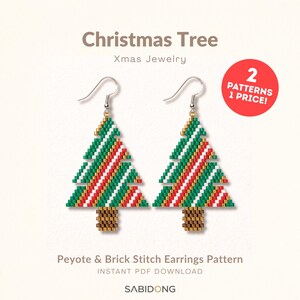 May include: A pair of Christmas tree earrings made from green, red, white, and gold beads with a brown trunk, featuring silver-tone hooks. The text reads: Christmas Tree, Xmas Jewelry, 2 PATTERNS 1 PRICE!, Peyote & Brick Stitch Earrings Pattern, INSTANT PDF DOWNLOAD, SABIDONG.
