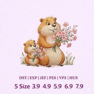 Beaver Mom Baby, Cute Animal with Flowers Gift Mother’s Day Embroidery Design, Instant Download Dst Pe