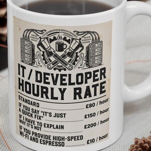 Funny IT Developer Hourly Rate Mug, Software Engineer Gift, Computer Programmer Coffee Cup