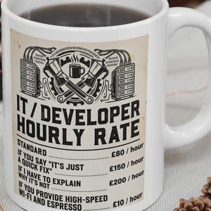 以下が含まれることがあります： 「IT/DEVELOPER HOURLY RATE」の文字と工具とコーヒーカップのグラフィックが描かれた白いセラミックマグ。マグカップには濃い色の液体が入っています。マグカップは、明るい灰色の表面に置かれています。
