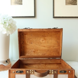 Pu&ograve; includere: Valigia di legno aperta con finitura marrone chiaro, manico in pelle e borchie in ottone. La valigia ha un pannello in tessuto beige sul davanti. Due stampe di paesaggi incorniciate sono appese al muro dietro la valigia.