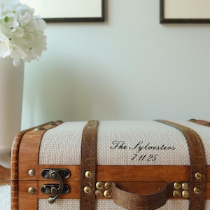 Pu&ograve; includere: Una piccola valigia in stile vintage con corpo in tessuto beige chiaro e cornice in legno. La valigia presenta cinghie in pelle marrone, una maniglia e una chiusura in metallo. Il testo "The Sylvesters 7.11.25" &egrave; stampato sopra.