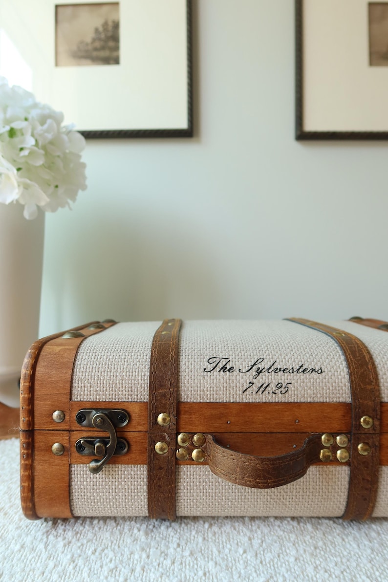 Pu&ograve; includere: Una piccola valigia in stile vintage con corpo in tessuto beige chiaro e cornice in legno. La valigia presenta cinghie in pelle marrone, una maniglia e una chiusura in metallo. Il testo "The Sylvesters 7.11.25" &egrave; stampato sopra.