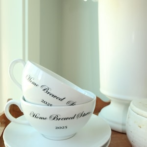 Personalized Crate and Barrel Cappuccino Mug & Saucer 12 oz Set, Bridal Shower Gift, Engagement Party, Wedding Gift