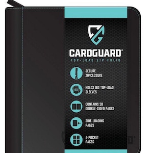 May include: Black CardGuard top-load zip folio with a teal accent. Features include secure zip closure, holds 160 top-load sleeves, contains 20 double-sided pages, side-loading pages, and 4-pocket pages. The CardGuard logo is visible.