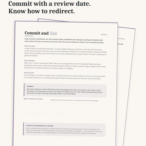 Puede incluir: Una p&aacute;gina blanca con el t&iacute;tulo "EJERCICIO 3 - COMMIT AND EXIT" y el texto "Pre-mortem la acci&oacute;n. Comprom&eacute;tete con una fecha de revisi&oacute;n. Aprende a redirigir." El documento tambi&eacute;n incluye texto sobre el compromiso y las pr&oacute;ximas acciones.