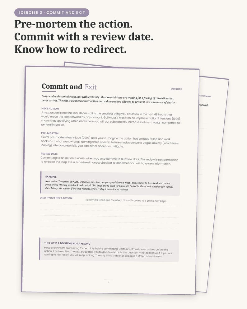 Puede incluir: Una p&aacute;gina blanca con el t&iacute;tulo "EJERCICIO 3 - COMMIT AND EXIT" y el texto "Pre-mortem la acci&oacute;n. Comprom&eacute;tete con una fecha de revisi&oacute;n. Aprende a redirigir." El documento tambi&eacute;n incluye texto sobre el compromiso y las pr&oacute;ximas acciones.