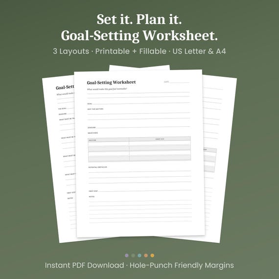 Goal-Setting Worksheet Printable, 3 Layouts, Action Plan & Milestone Tracker, Fillable PDF, A4 Letter