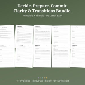Peut inclure: Ensemble de modèles imprimables et remplissables pour la prise de décision et les transitions. Le texte sur l'image indique : « Decide. Prepare. Commit. Clarity & Transitions Bundle. » Comprend les formats US Letter et A4. L'image indique également « 4 Templates • 12 Layouts • Instant PDF Download. »