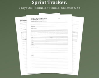 30-Day Sprint Tracker Printable, 3 Layouts, Challenge Grid Template, Fillable PDF, A4 Letter
