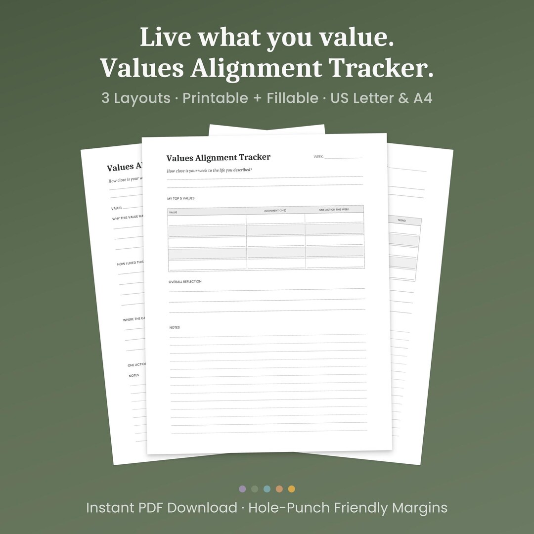 Values Alignment Tracker Printable, 3 Layouts, Weekly Values Check-in ...