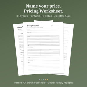 Może przedstawiać: Trzy białe arkusze kalkulacyjne z cenami z tekstem "Name your price. Pricing Worksheet." Arkusze kalkulacyjne zawierają sekcje do wypełnienia dla nazwy produktu, podziału kosztów i cen konkurencji. Widoczny jest również tekst "Instant PDF Download".