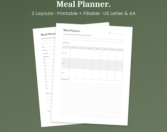 Meal Planner Printable, 2 Layouts, Weekly Menu & Daily Prep, Fillable PDF, A4 Letter