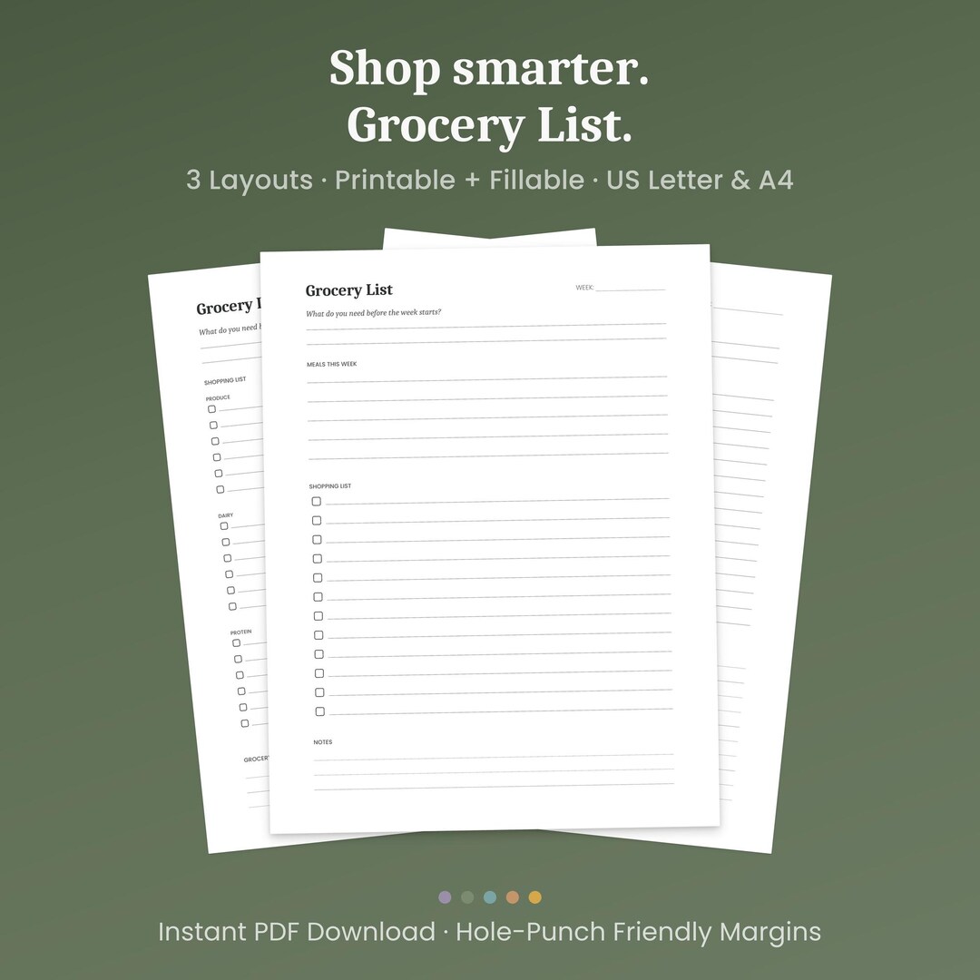Snack List Fillable Grocery List Printable, 3 Layouts, Meal Plan & Shopping List, Fillable ...