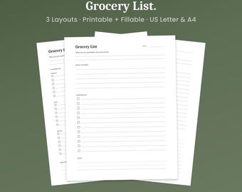 Grocery List Printable, 3 Layouts, Meal Plan & Shopping List, Fillable PDF, A4 Letter