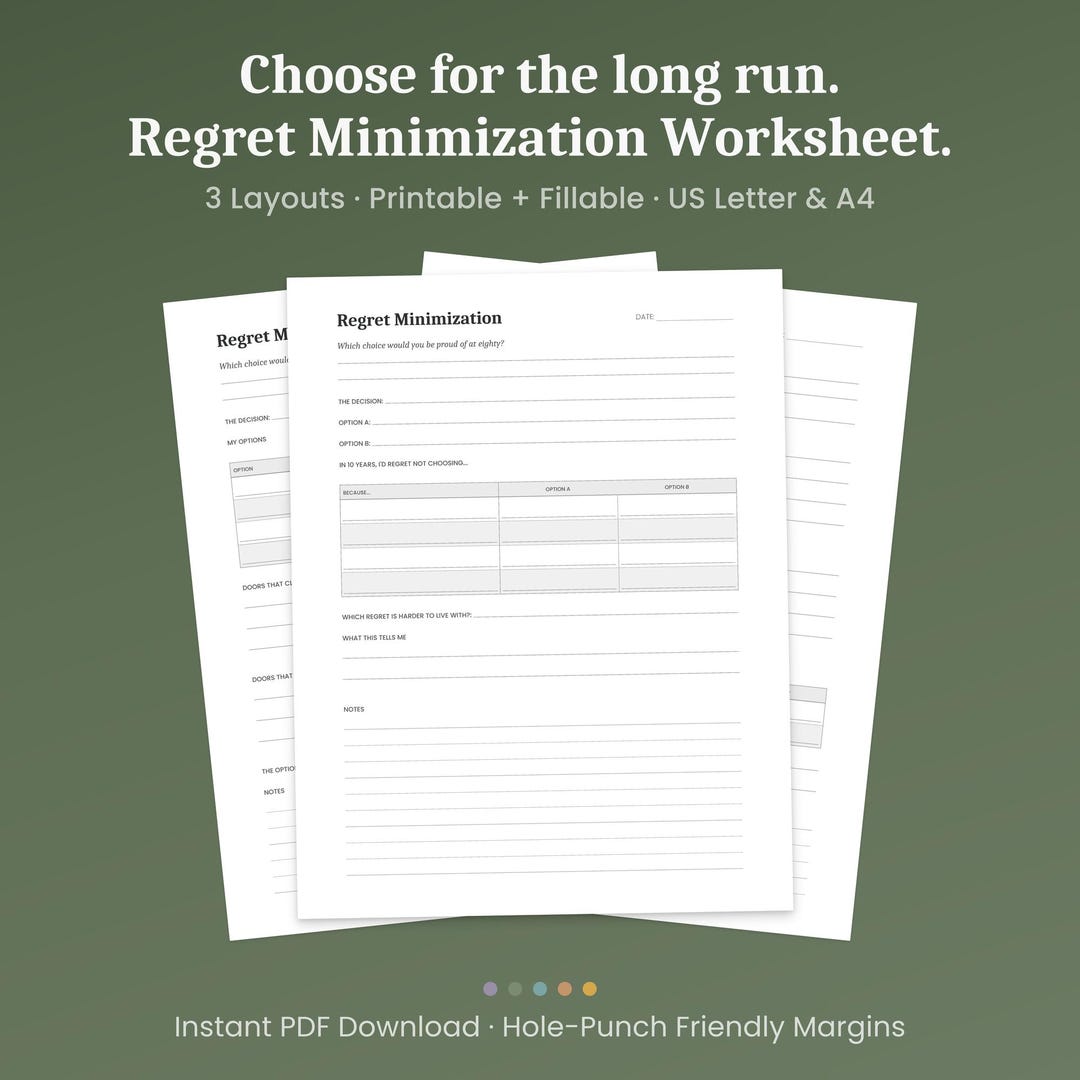 Fillable Rrr Framework Worksheet Regret Minimization Worksheet, 3 Layouts, Long-term Decision Framework ...