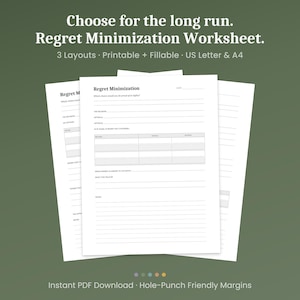 Könnte beinhalten: Drei weiße, bedruckbare Arbeitsblätter mit dem Titel "Regret Minimization Worksheet" mit Text und ausfüllbaren Abschnitten. Die Arbeitsblätter sind mit dem Text "Choose for the long run." und "3 Layouts Printable + Fillable US Letter & A4" beschriftet.