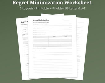 Regret Minimization Worksheet, 3 Layouts, Long-Term Decision Framework, Fillable PDF, A4 Letter