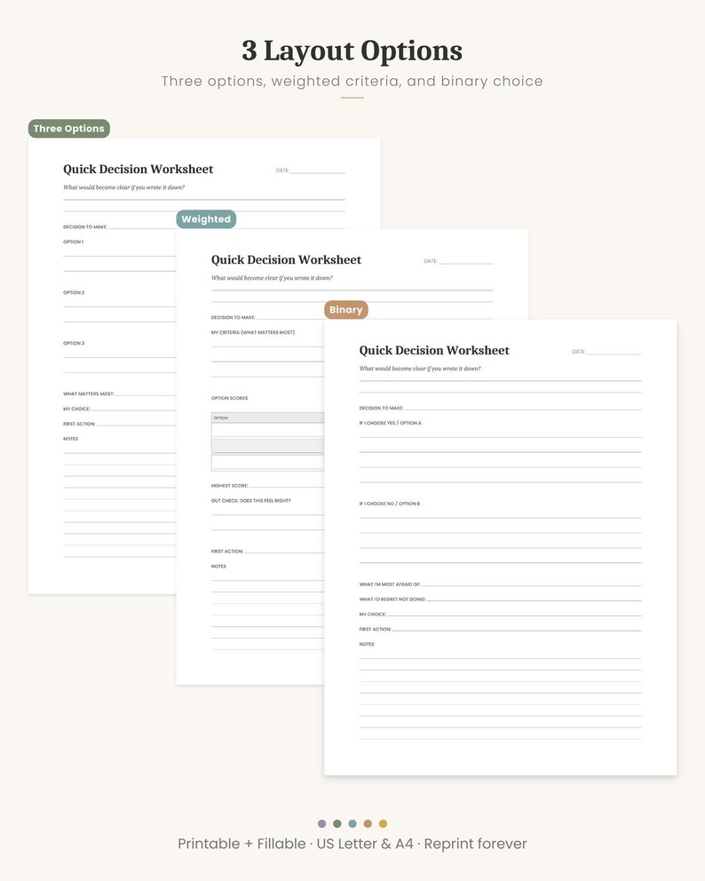 Decision Worksheet Printable, 3 Layouts, Pros Cons & Weighted Options, Fillable PDF, A4 Letter image 2