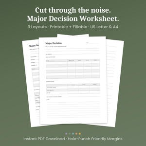 May include: Three white printable worksheets titled "Major Decision Worksheet" with text that reads "Cut through the noise." The worksheets have fillable sections for decision-making. The text "3 Layouts Printable + Fillable US Letter & A4" is also visible.