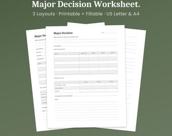 Major Decision Worksheet Printable, 3 Layouts, Weighted Scoring & Pre-Mortem Analysis, Fillable PDF, A4 Letter