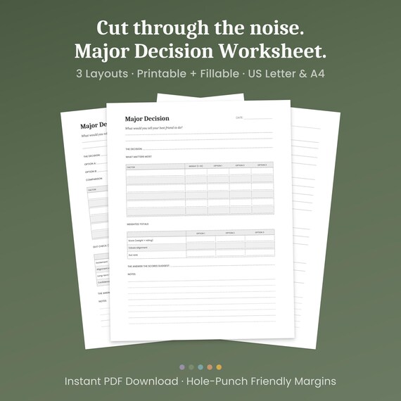 Major Decision Worksheet Printable, 3 Layouts, Weighted Scoring & Pre-Mortem Analysis, Fillable PDF, A4 Letter