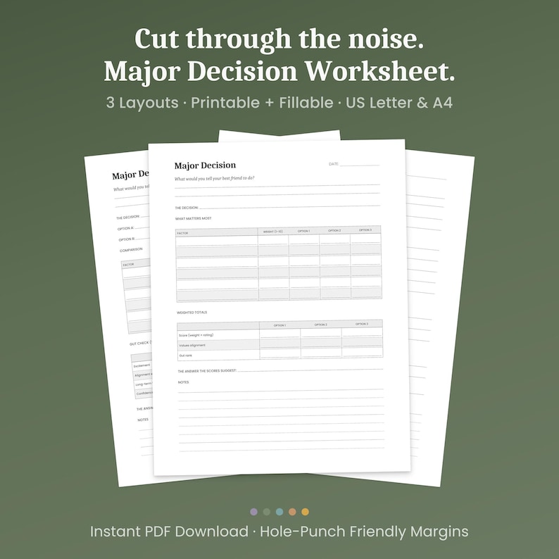May include: Three white printable worksheets titled "Major Decision Worksheet" with text that reads "Cut through the noise." The worksheets have fillable sections for decision-making. The text "3 Layouts Printable + Fillable US Letter & A4" is also visible.