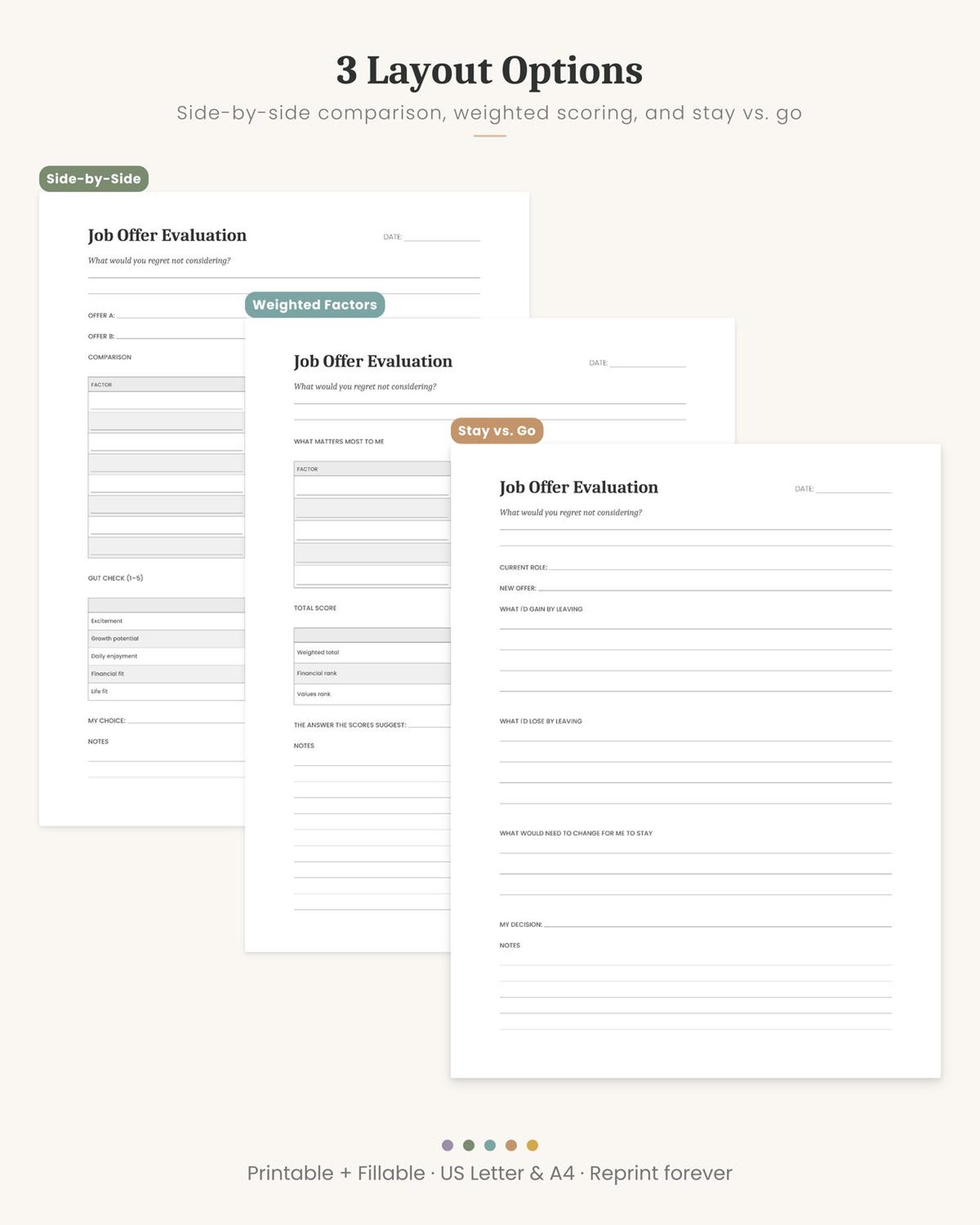 Job Offer Comparison Worksheet, 3 Layouts, Printable Career Decision ...