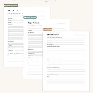 May include: Three printable decision-making templates with the text "3 Layout Options". The templates include option comparison, weighted scoring, and pre-mortem risk analysis. The text "Major Decision" is visible on each template. The templates are on a white background.