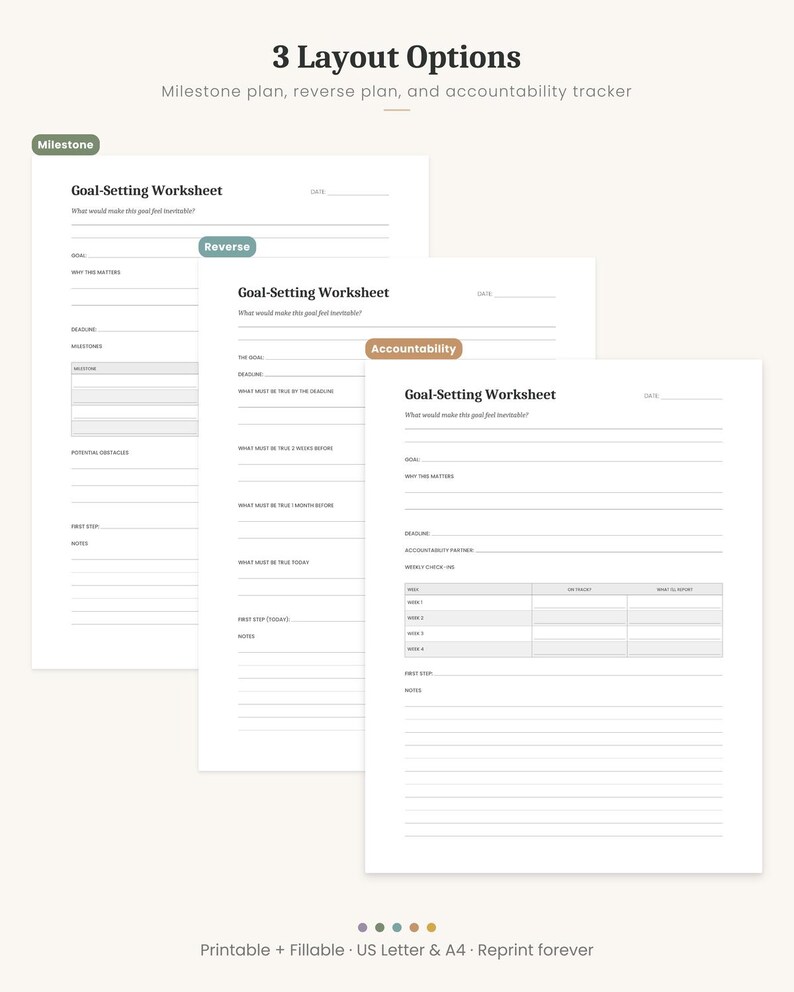 Pode incluir: S&atilde;o exibidos tr&ecirc;s layouts de folhas de trabalho de defini&ccedil;&atilde;o de metas, rotulados como "Milestone", "Reverse" e "Accountability". As folhas de trabalho s&atilde;o brancas com texto e linhas pretas, projetadas para planejar e acompanhar metas. O texto "3 Layout Options" est&aacute; no topo.