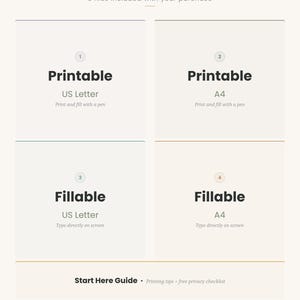 May include: A digital product graphic with the text "What You Get" and details on included files. The image shows four boxes labeled "Printable" and "Fillable" in US Letter and A4 sizes. The text also includes "Start Here Guide".