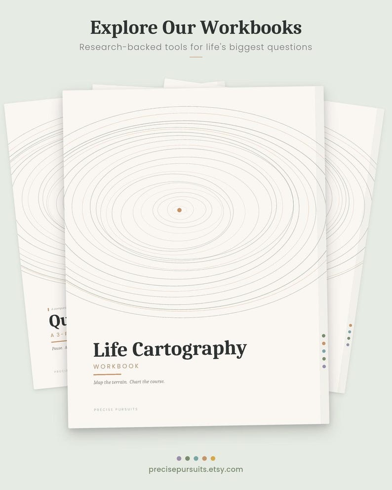 May include: Three workbooks with the title "Life Cartography" are displayed. The cover features a concentric circle design in gray and a small brown dot at the center. The text "Explore Our Workbooks" and "Research-backed tools for life's biggest questions" are at the top.
